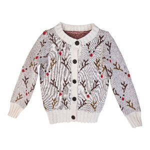 Girls Christmas Rudolph Cream Brown Reindeer Cardigan Sweater M 7/8